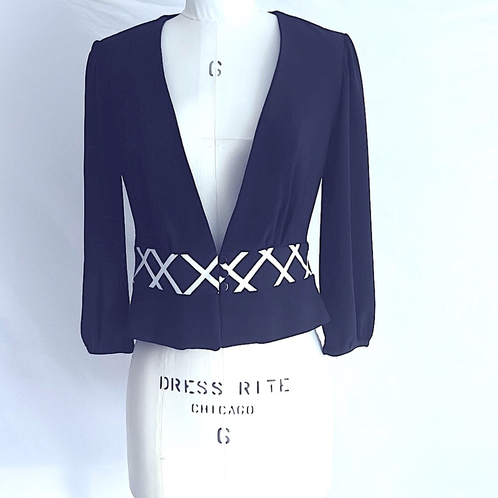 Navy Crop Jacket with White Trim and Ruched Front from Picadilly